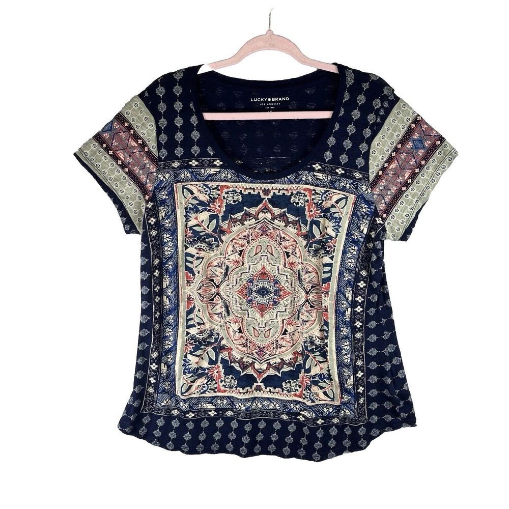 Lucky Brand‎ Womens Top 1X Blue Short Sleeve Mandala Boho Festival Stretch Soft